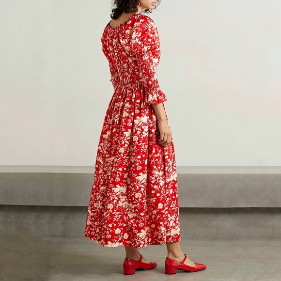 DÔEN Meribel shirred floral-print cotton-poplin midi dress size Small - Picture 9 of 10